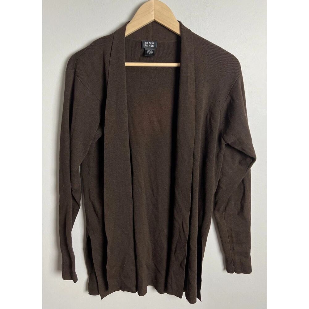 Eileen Fisher 100% Wool Cardigan Sweater Brown Open Front Minimalist Size Small
